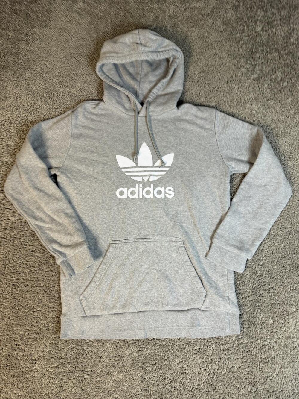 Adidas Hoodie Mens M Gray Originals Trefoil Logo Fleece Hooded Kangaroo Pocket